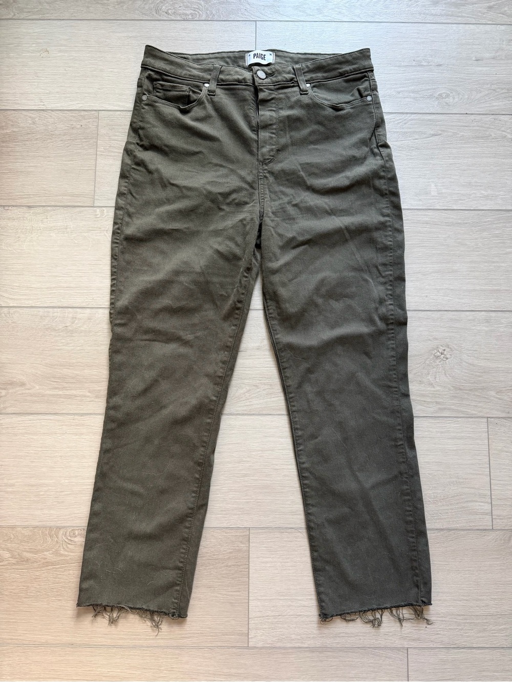 PAIGE Women’s Olive Brown Jacqueline High Waist Raw Hem Straight Leg Jeans